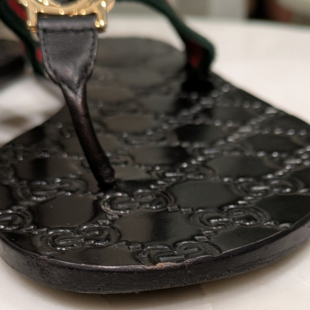 Gucci Flip Flop Thong Sandals Women 37.5 Black Green Red GG Monogram - Picture 11 of 14